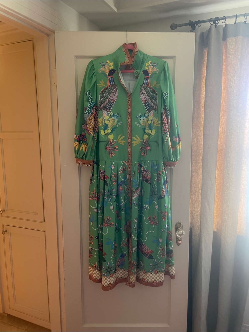 Green Printed Midi Dress with Bird Motif